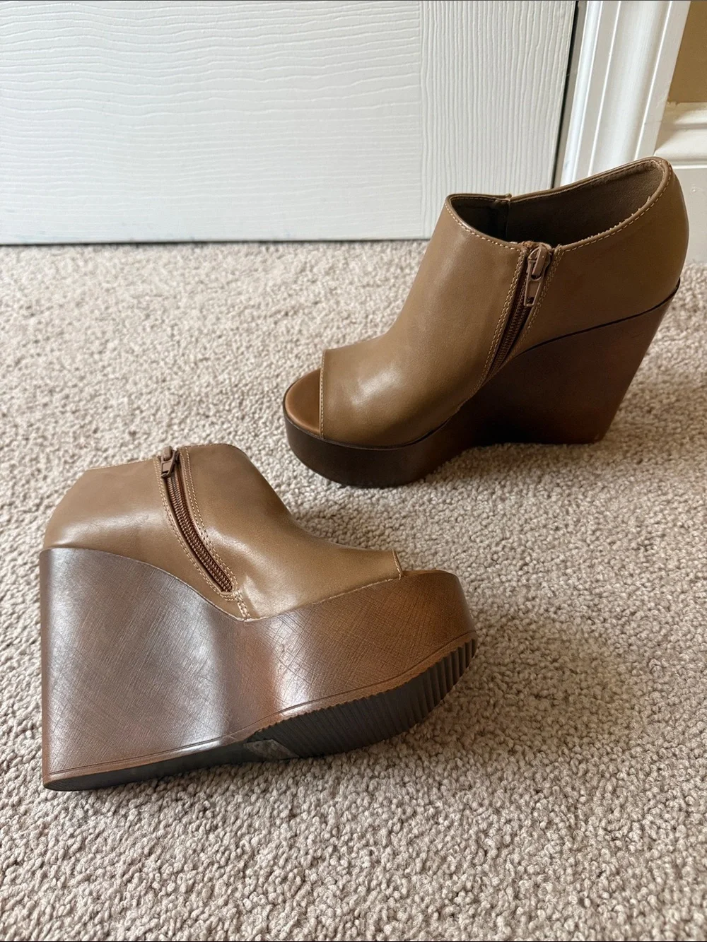 Refresh Tan Brown Peep-Toe Wedge Booties